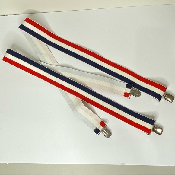 Vintage Mens Suspenders Clip On Adjustable Red White And Blue 1 1/2" Wide - Picture 1 of 5